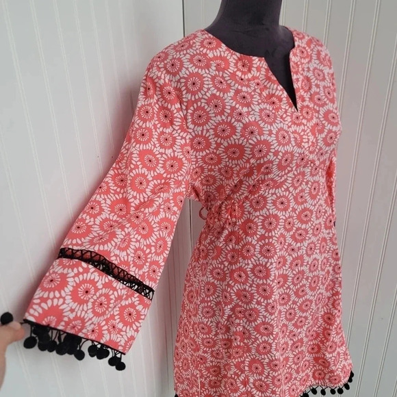 Garden Freak Rare Grow a Pear Coral Pink Black Pom Floral Dress Funky Bright L - Picture 5 of 11